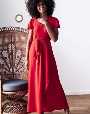 Zermonie Robe de Fête Manches Papillons en EcoVero Rouge Made in France 3