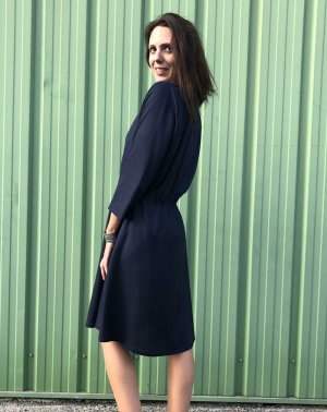 ROBE ZOMI FEMME - 100% EcoVero Bleu Marine Uni - manches 3/4