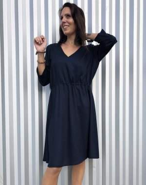 ROBE ZOMI FEMME - 100% EcoVero Bleu Marine Uni - manches 3/4