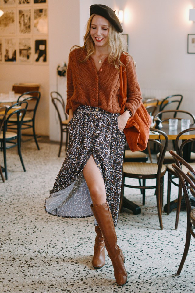 Jupe midi marron imprimé fleuri 6