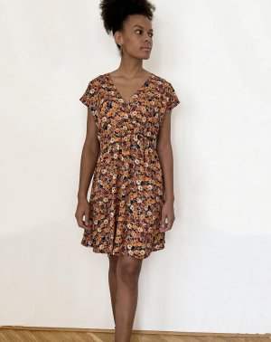 ROBE ZOMI FEMME - 100% EcoVero imprimé marron/orange - manches 3/4