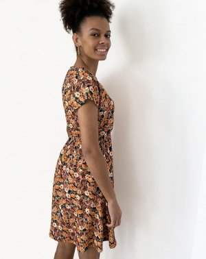ROBE ZOMI FEMME - 100% EcoVero imprimé marron/orange - manches 3/4