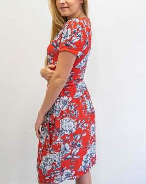 ZISKA ROBE PORTEFEUILLE MANCHES COURTES ROUGE IMPRIMÉ FLORAL 100% ECOVERO