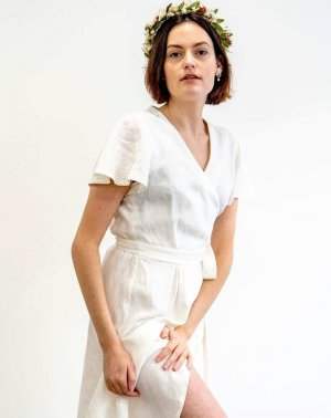 ROBE DE CEREMONIE ZARGOT 100% LIN BLANC MANCHES PAPILLONS