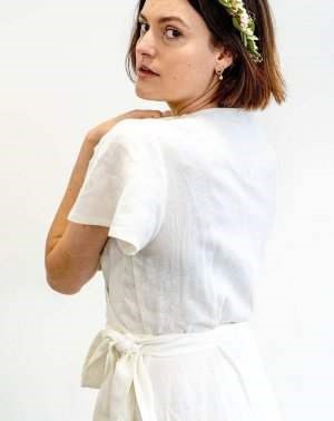 ROBE DE CEREMONIE ZARGOT 100% LIN BLANC MANCHES PAPILLONS