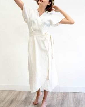 ROBE DE CEREMONIE ZARGOT 100% LIN BLANC MANCHES PAPILLONS