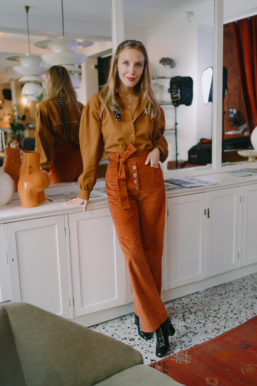 pantalon velours côtelé taille haute ceinturé 7/8