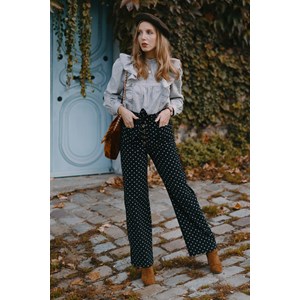 Pantalon taille haute en velours côtelé à pois ceinturé