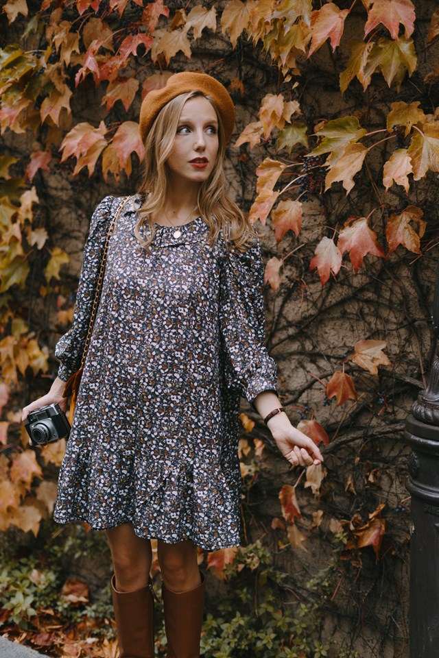 robe trapèze imprimé micro floral volant col claudine