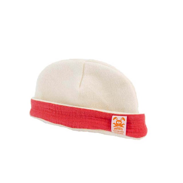 Bonnet de Naissance en Coton Bio Blanc et Fraise 2