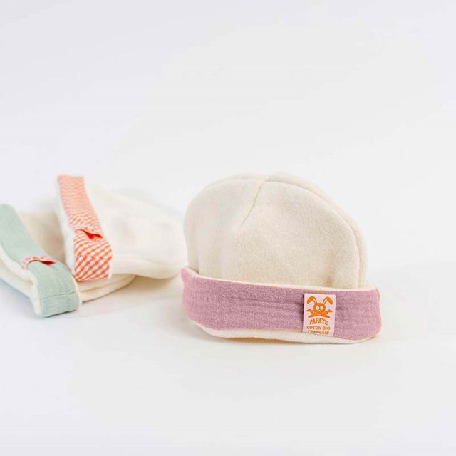 Bonnet de Naissance en Coton Bio Blanc et Rose 6