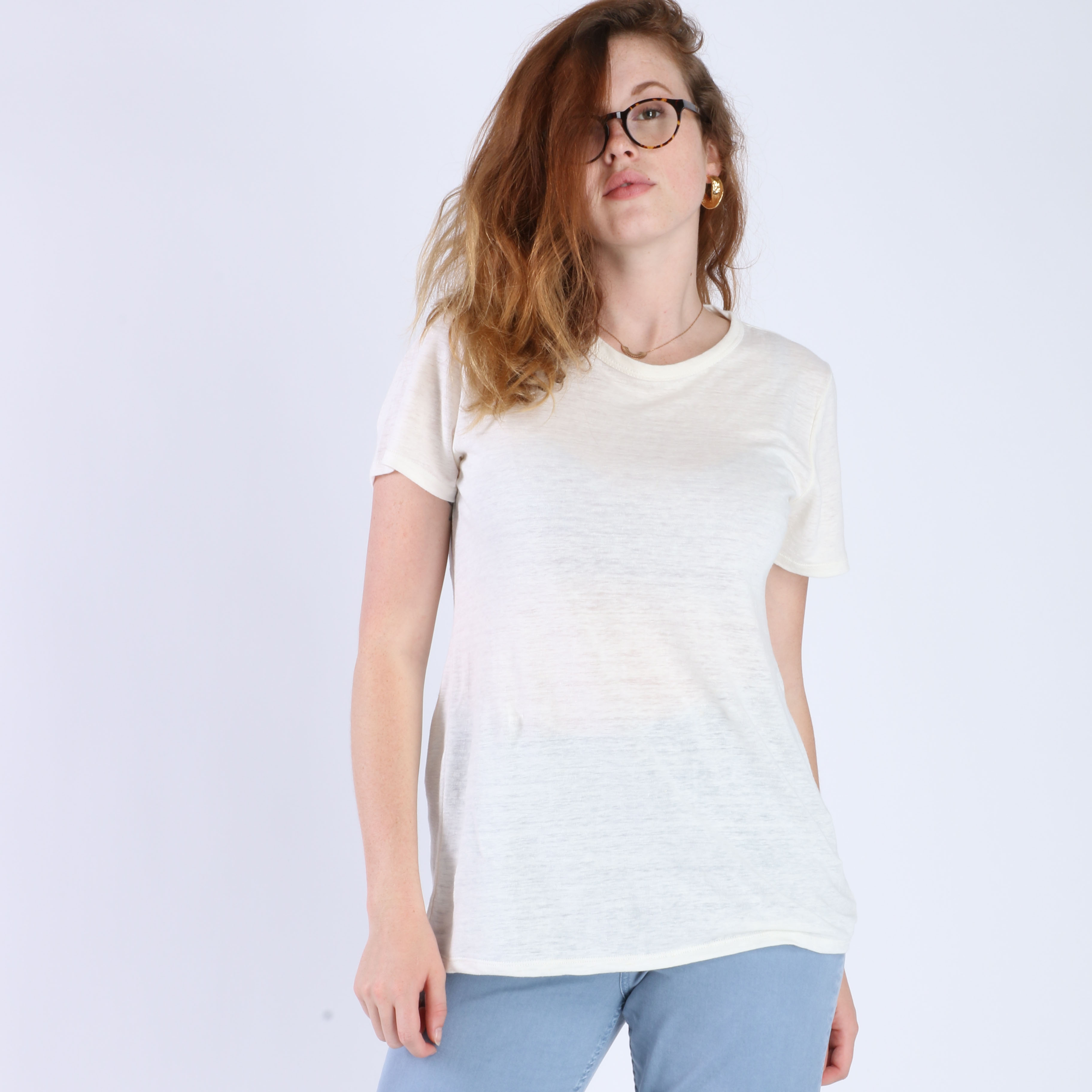 T-SHIRT ZUMOI 100 % LIN BLANC UNISEXE MANCHES COURTES – COUPE BOYFRIEND