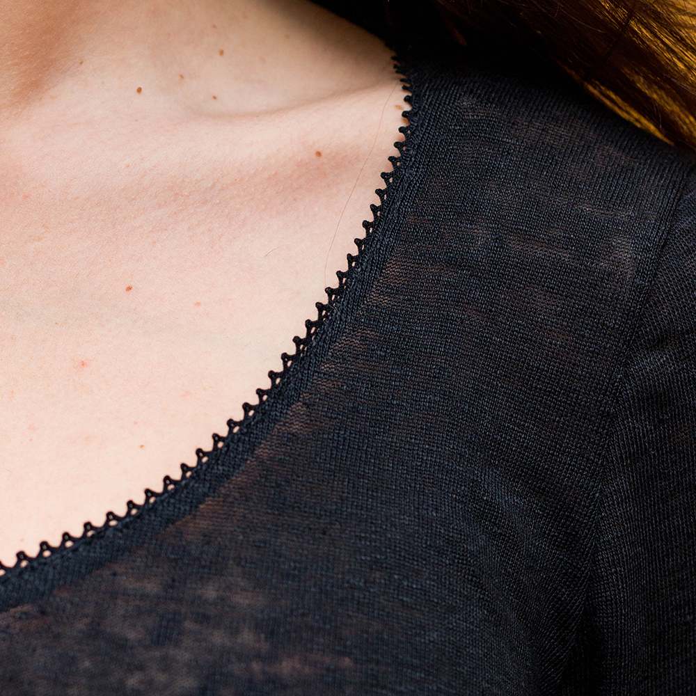 HAUT LIN FEMME - ZAZAN MANCHES 3/4 COL V NOIR 2