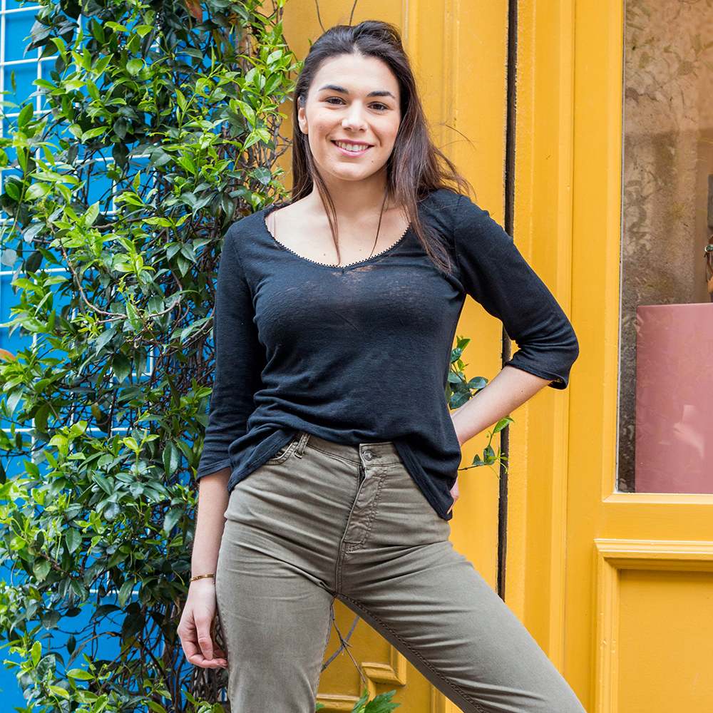 HAUT LIN FEMME - ZAZAN MANCHES 3/4 COL V NOIR 5