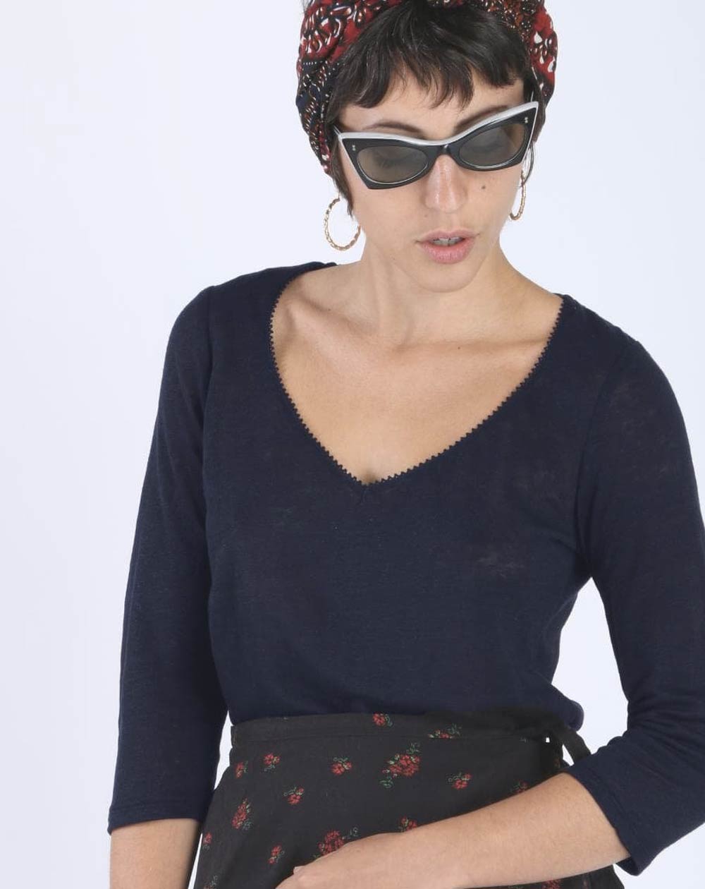 T-SHIRT ZAZAN MARINE MANCHES 3/4 COL V, 100% LIN 2