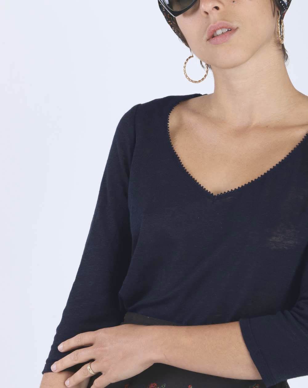 T-SHIRT ZAZAN MARINE MANCHES 3/4 COL V, 100% LIN 3