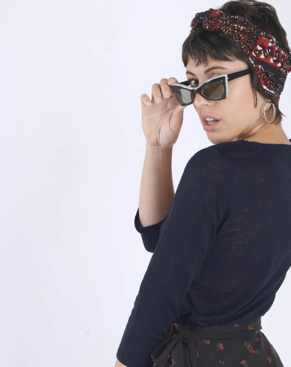 T-SHIRT ZAZAN MARINE MANCHES 3/4 COL V, 100% LIN 4