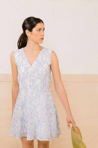 Robe Nina patineuse bleue et blanche en soie et coton