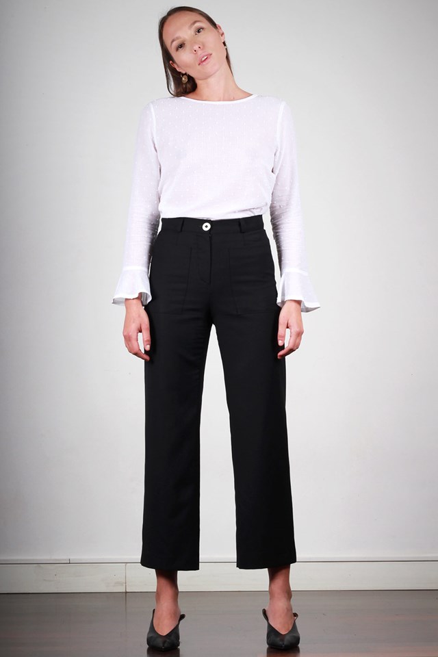 Pantalon Marie large taille haute en laine froide noire 2