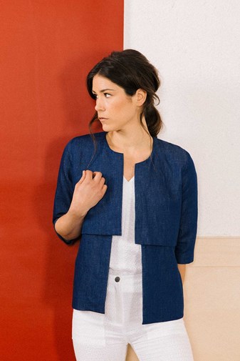 Veste Faustine coupe droite à bavolets en coton bleu