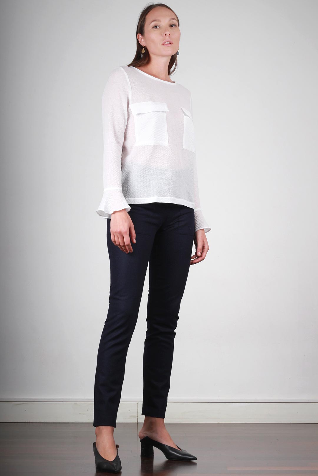 Top droit en coton blanc gaufré avec détails manches Marine 2