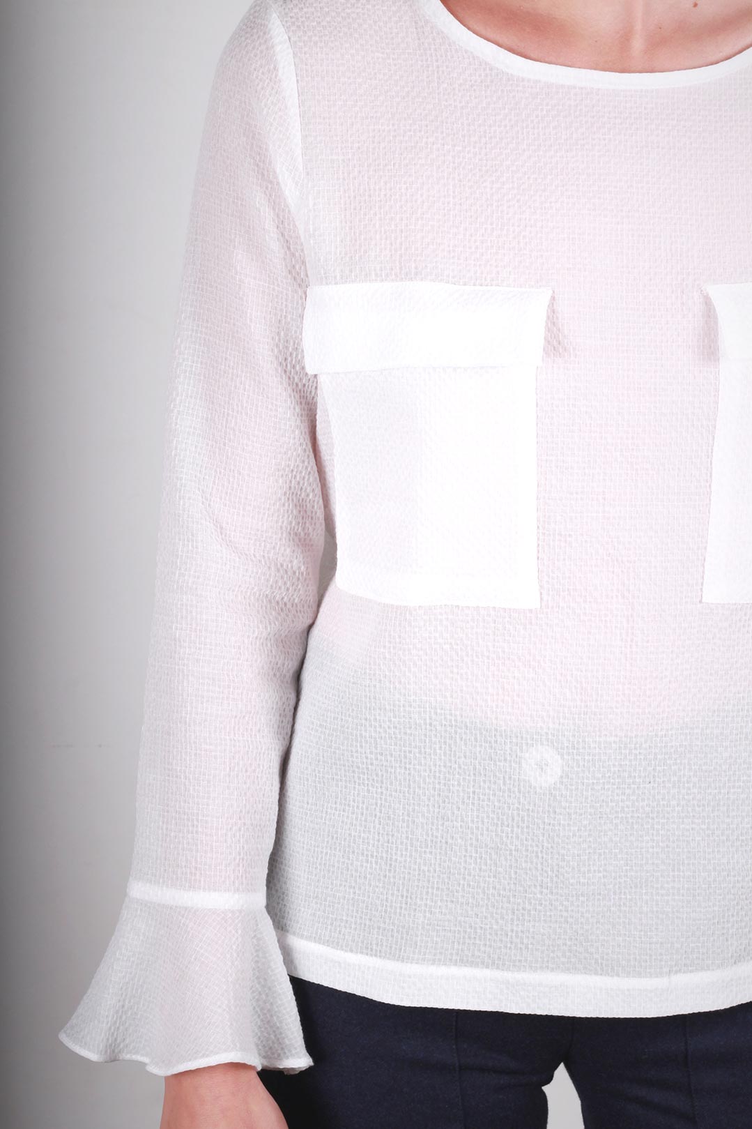 Top droit en coton blanc gaufré avec détails manches Marine 3