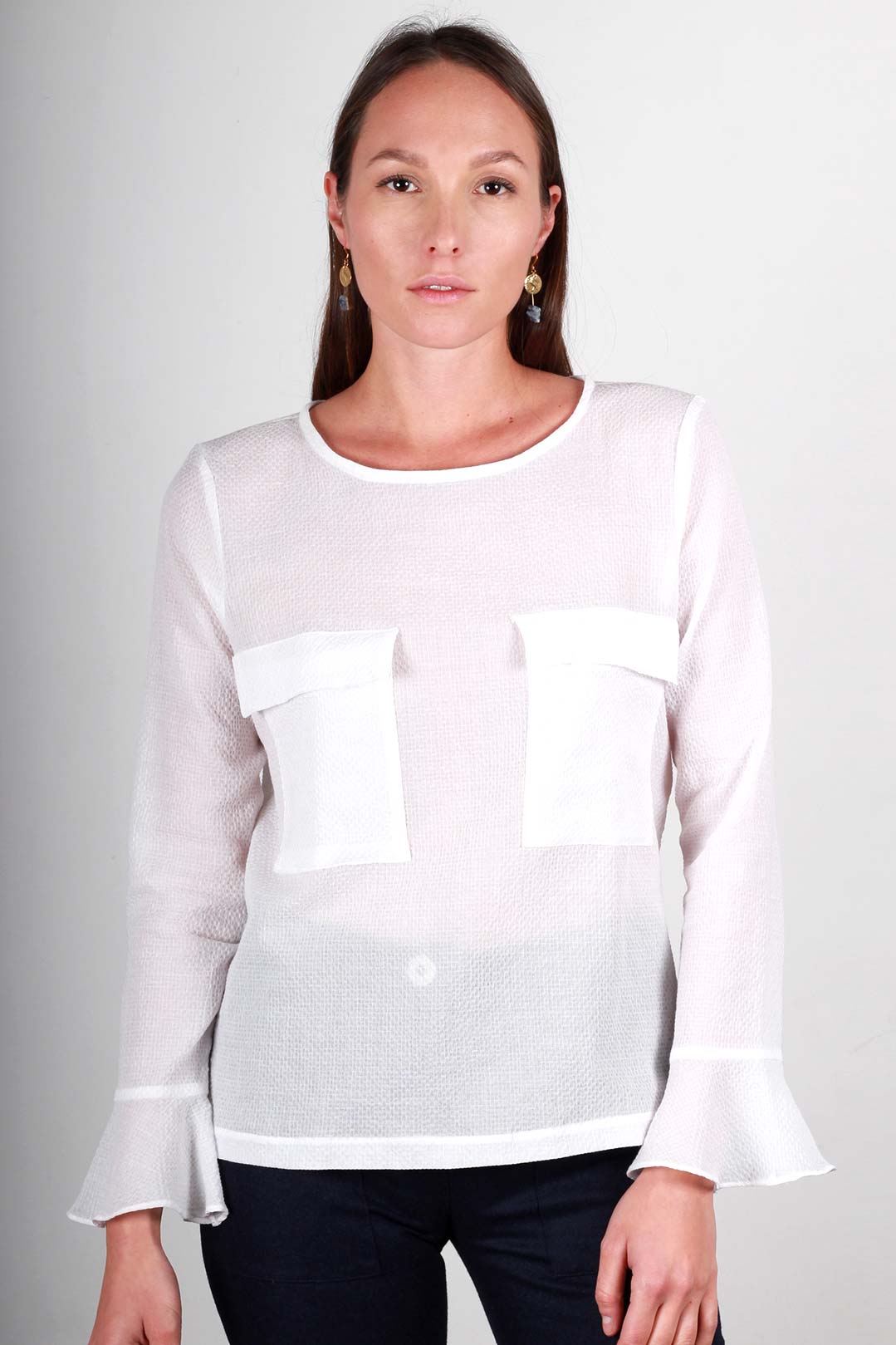 Top droit en coton blanc gaufré avec détails manches Marine 5